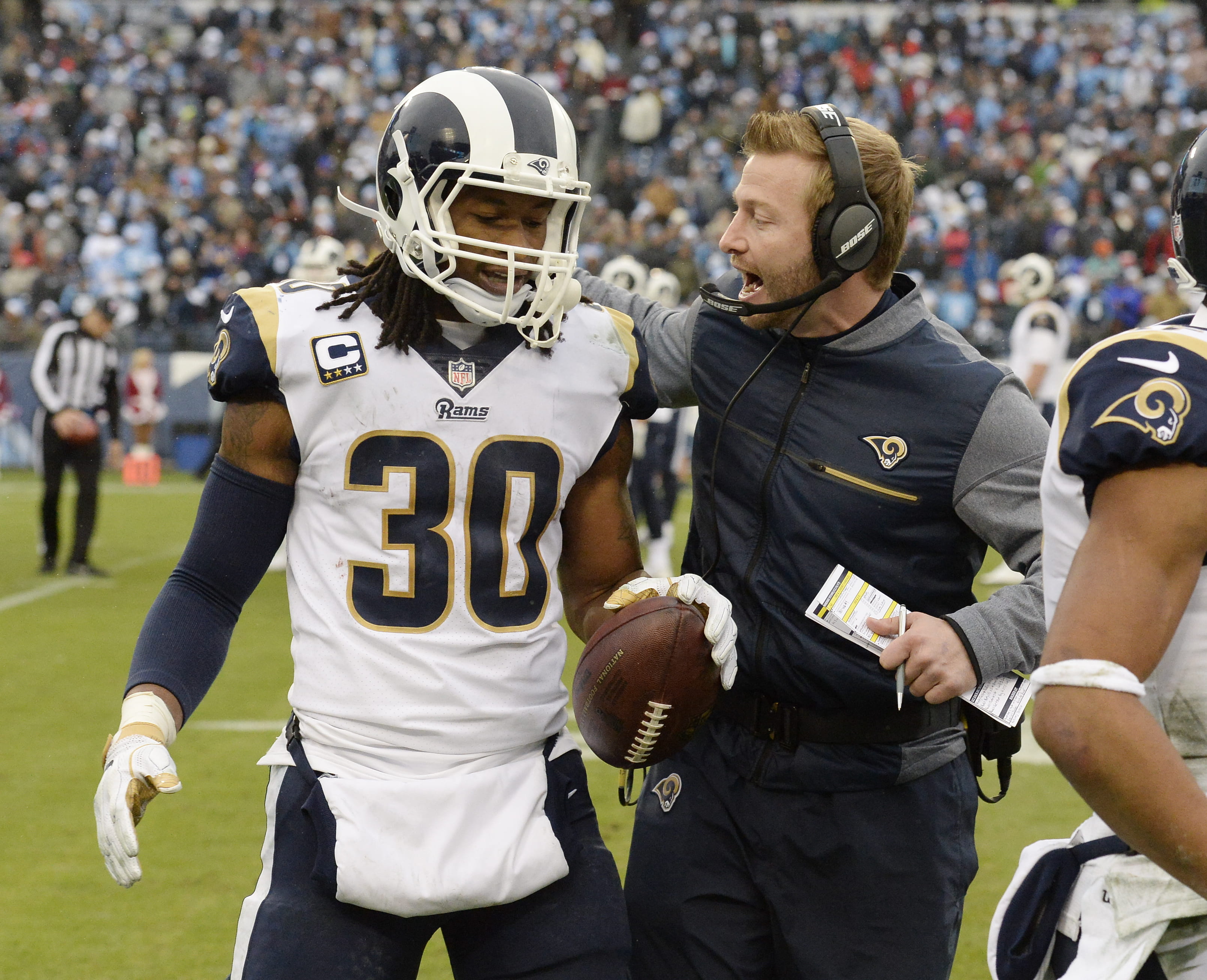 Los Angeles Rams coach Sean McVay congratulates running back Todd Gurley after a touchdown against the Tennessee Titans in December 2017.