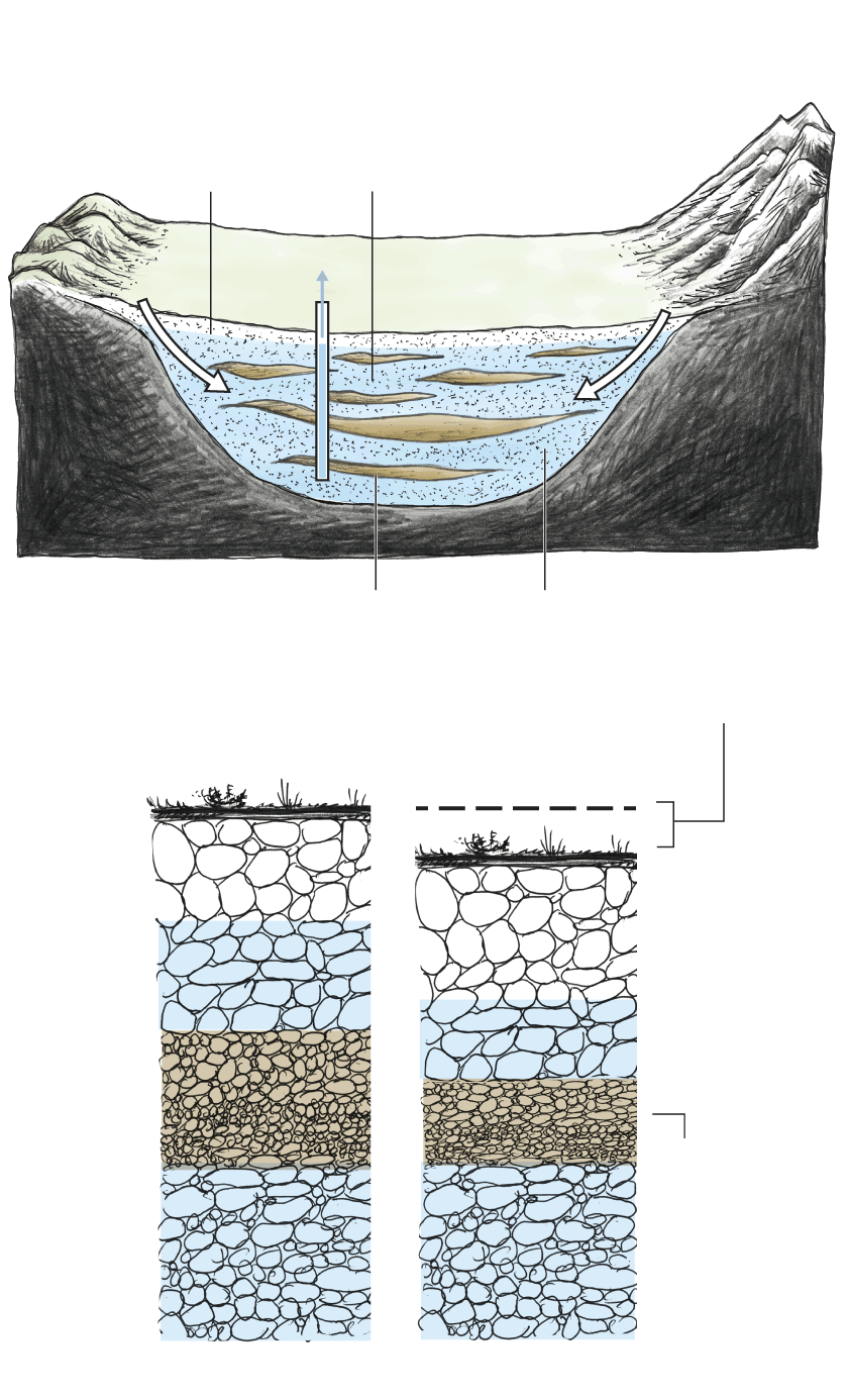 Diagram shows how water drawn from an aquifer compresses sand and gravel, causing the land above it to sink