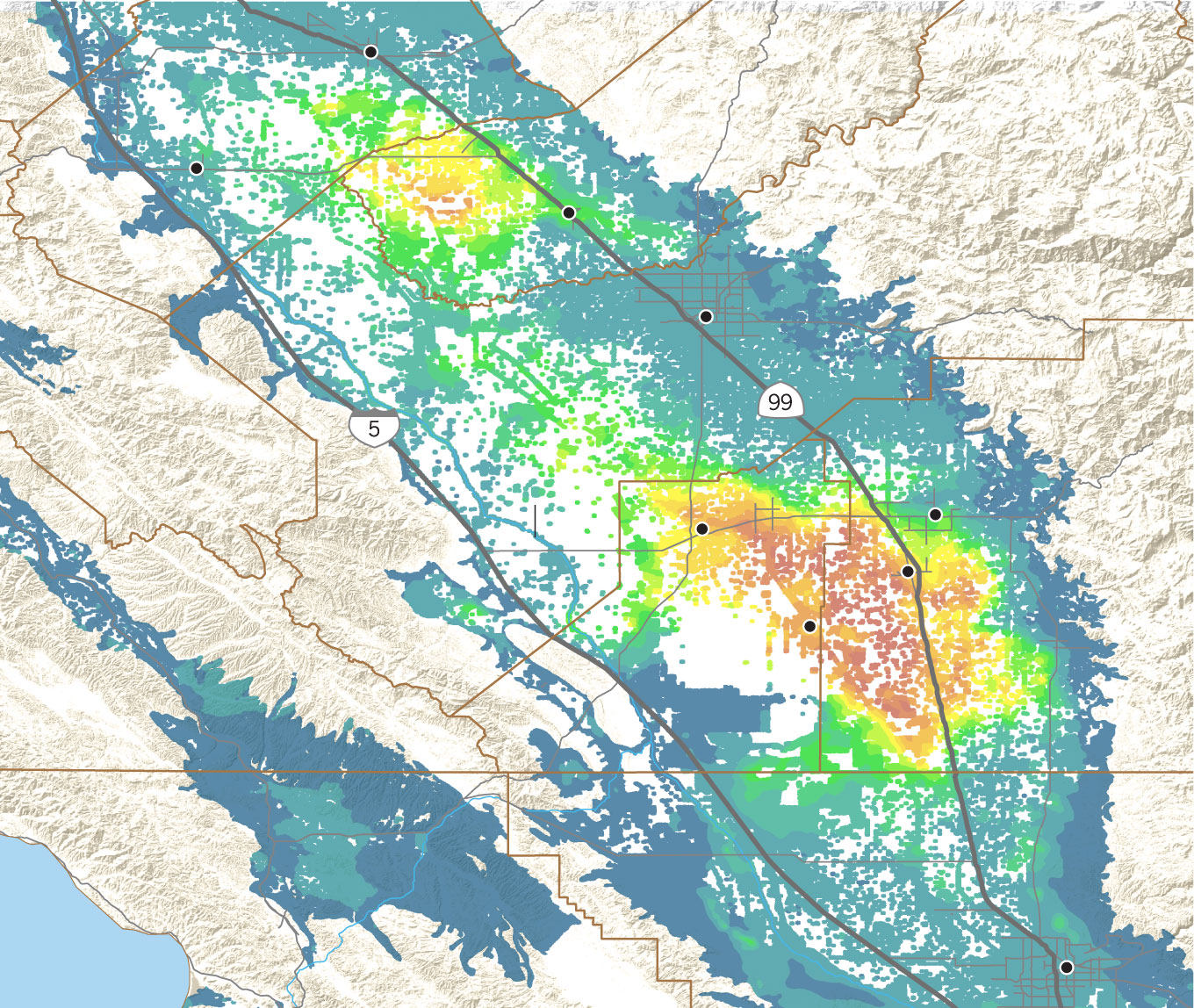 Map shows the Tulare Lake region is sinking faster than other regions in California.