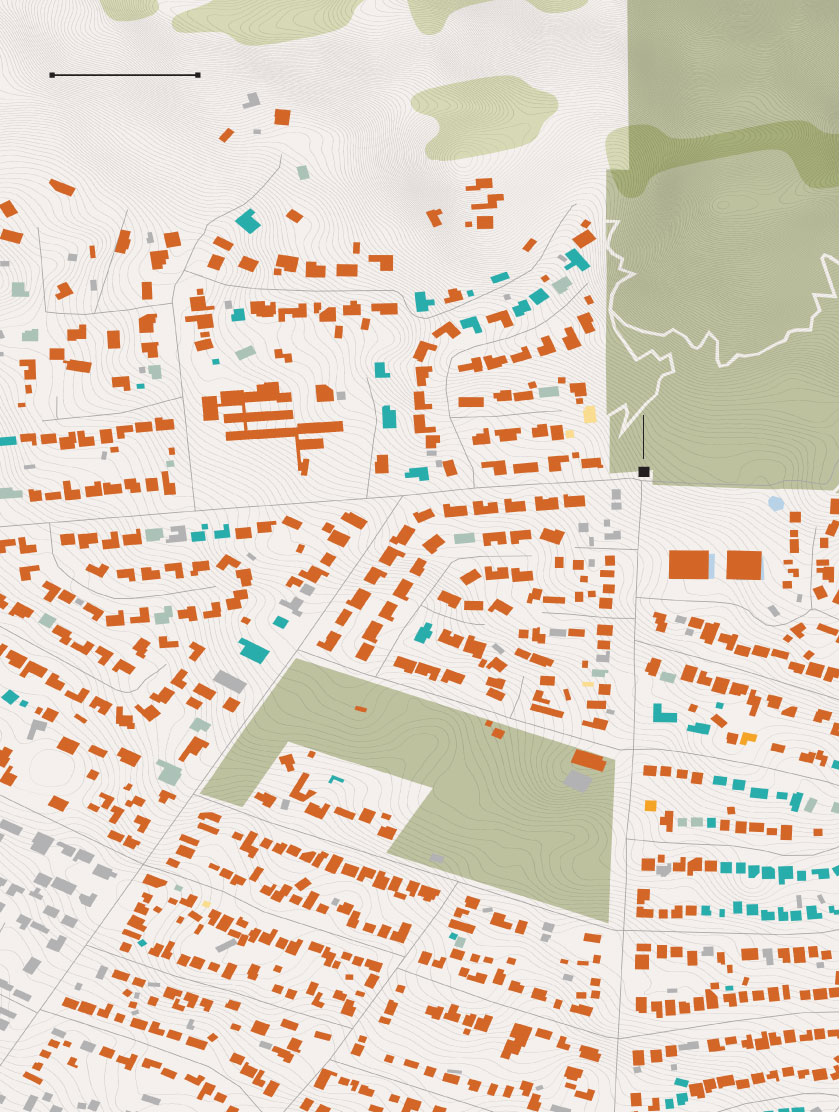 Map of damaged and destroyed buildings near Charles S. Farnsworth Park.