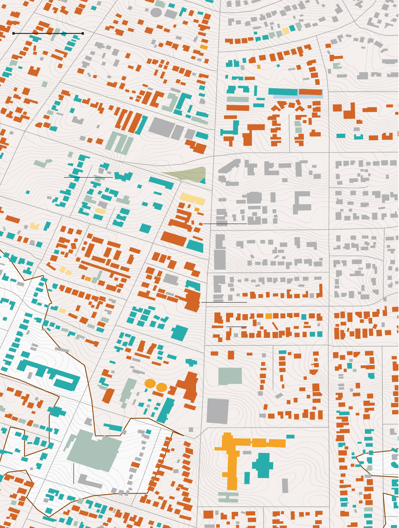 Map of damaged and destroyed buildings near along North Lake Avenue in Altadena. Businesses include a hardware store, a pet store, restaurants and the Bunny Museum.