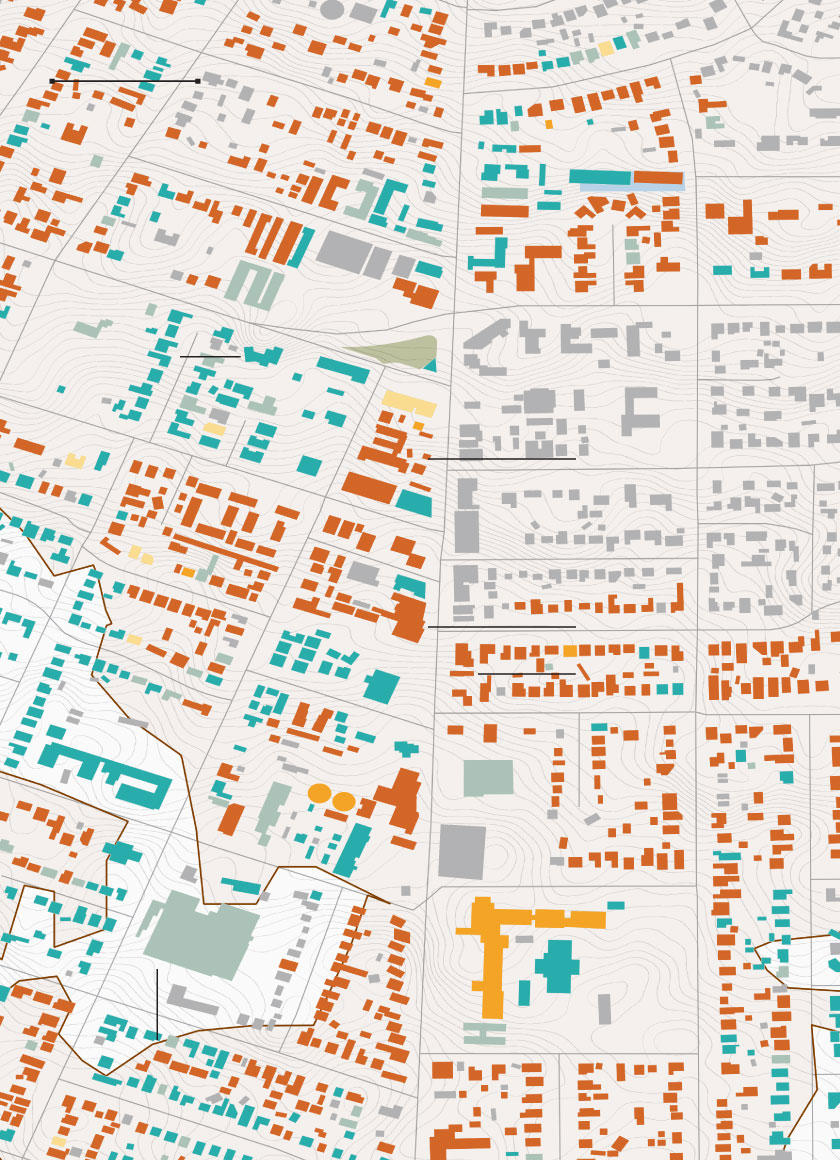 Map of damaged and destroyed buildings near along North Lake Avenue in Altadena. Businesses include a hardware store, a pet store, restaurants and the Bunny Museum.