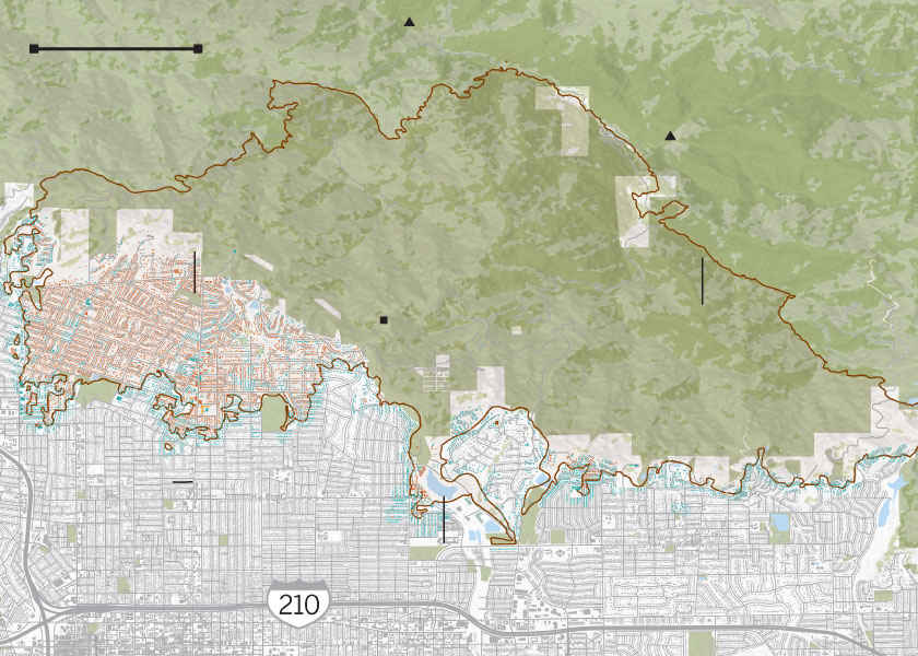 Map of the Eaton fire perimeter and damaged and destroyed buildings