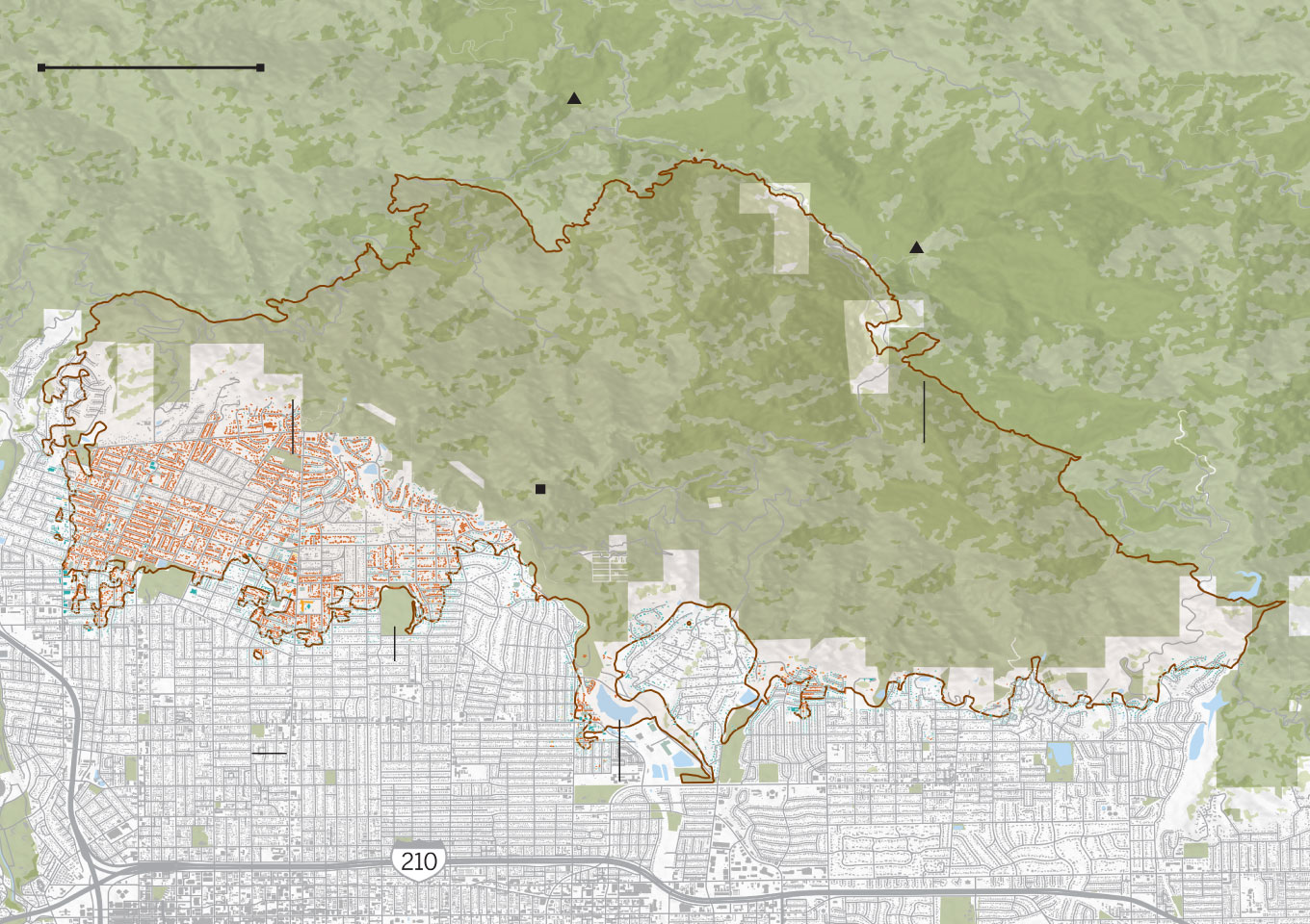 Map of the Eaton fire perimeter and damaged and destroyed buildings