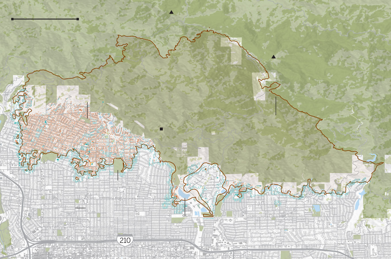 Map of the Eaton fire perimeter and damaged and destroyed buildings