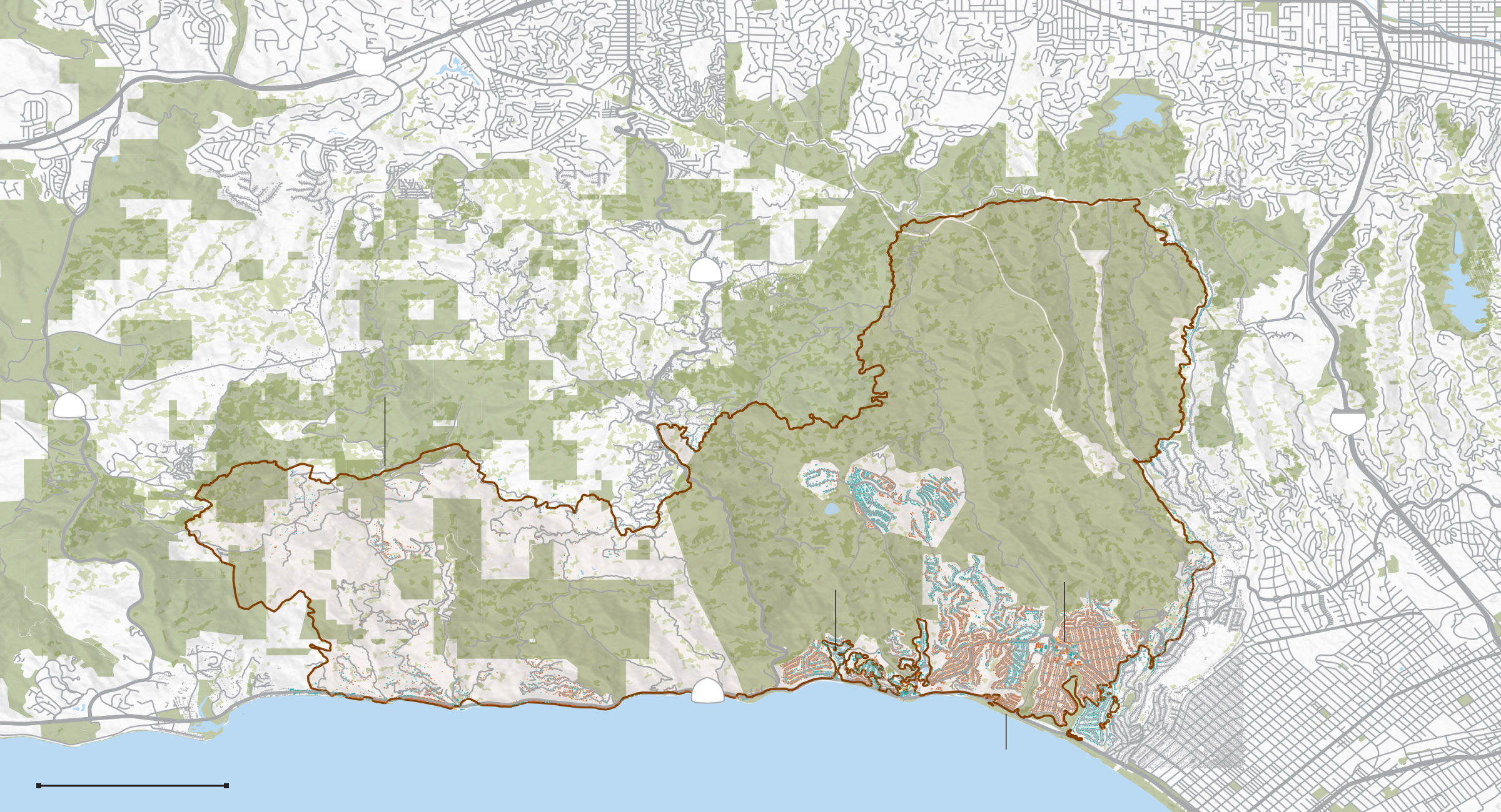 Map of the Palisades fire perimeter and damaged and destroyed buildings