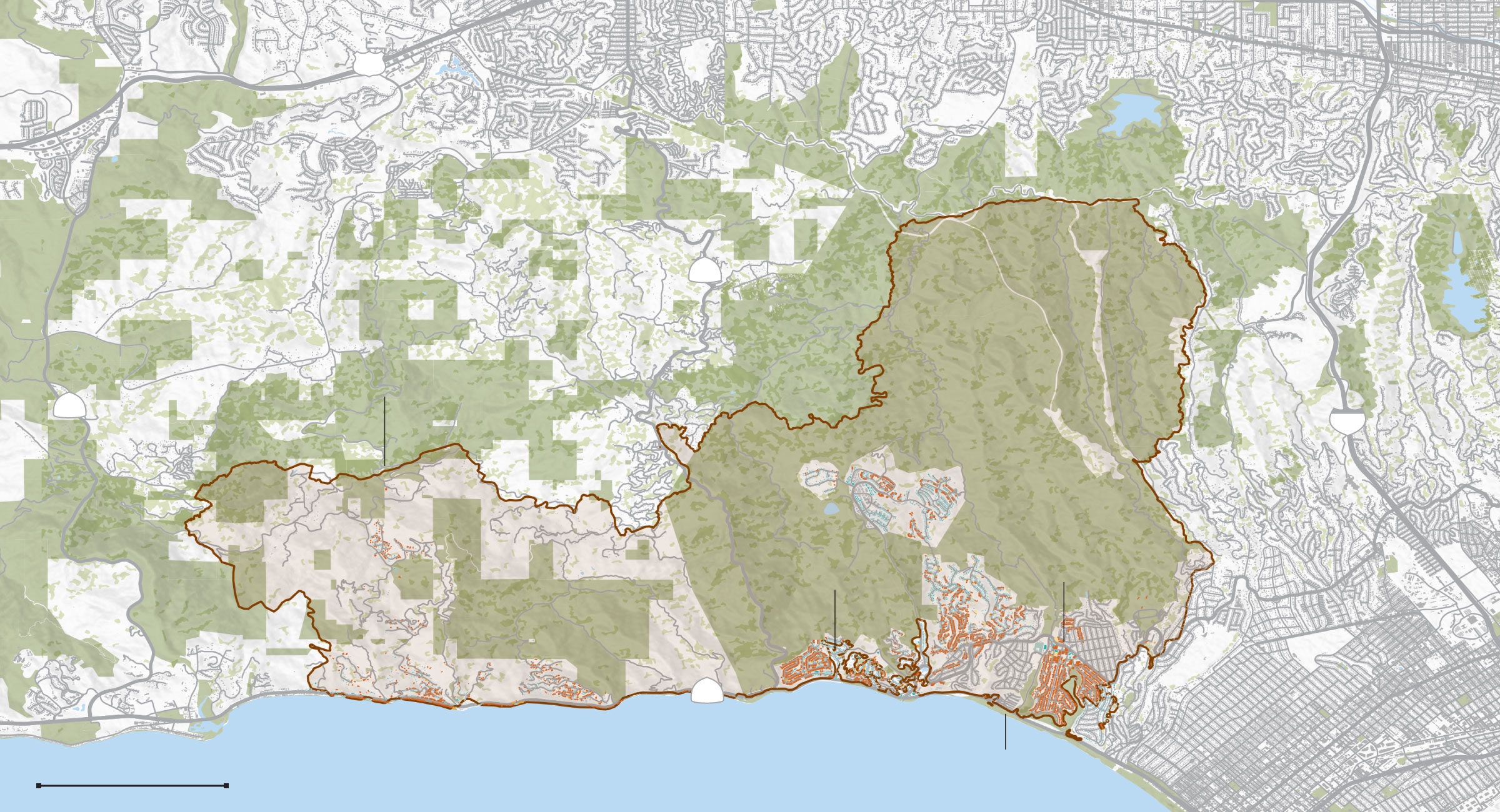 Map of the Palisades fire perimeter and damaged and destroyed buildings