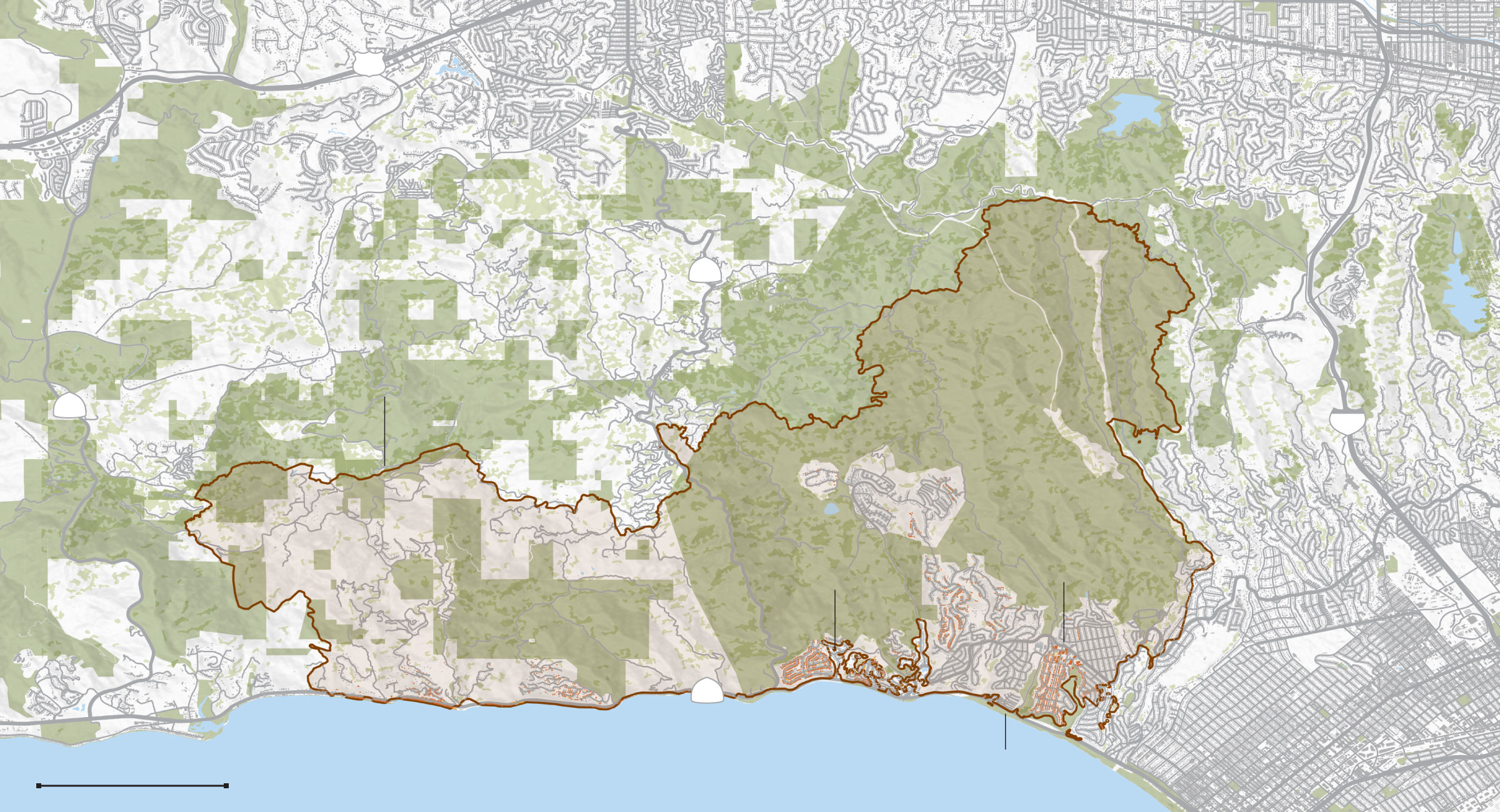 Map of the Palisades fire perimeter and damaged and destroyed buildings