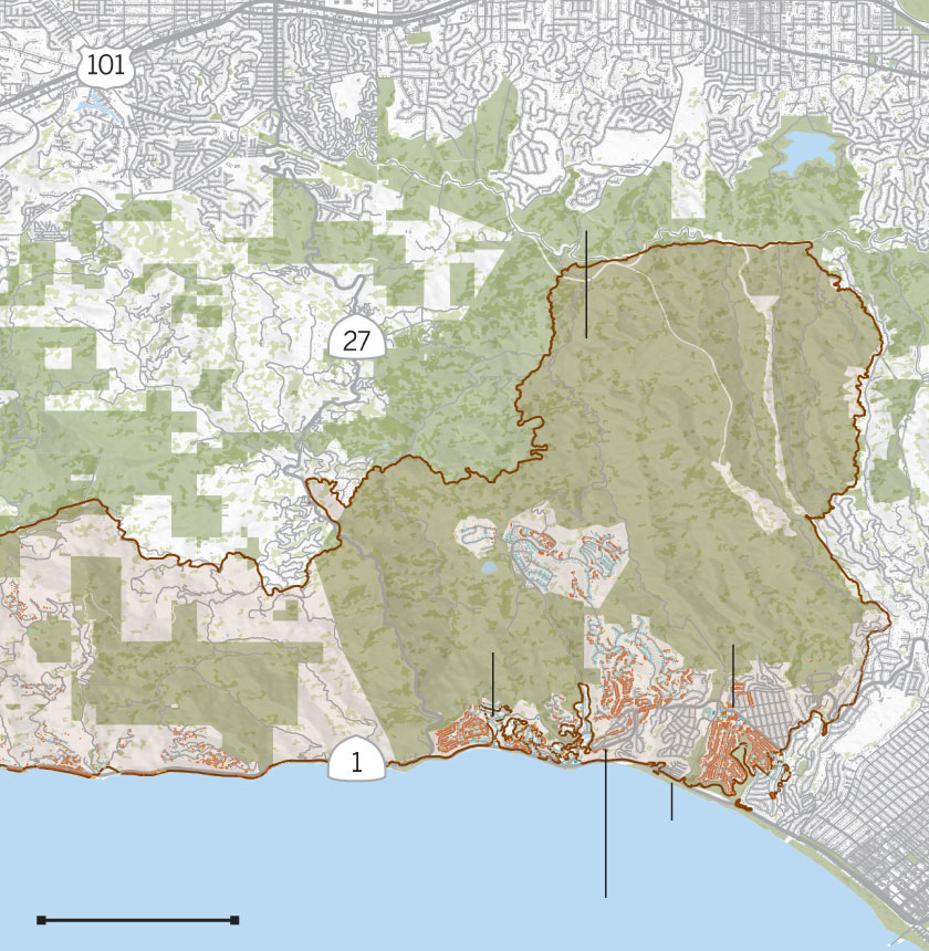 Map of the Palisades fire perimeter and damaged and destroyed buildings