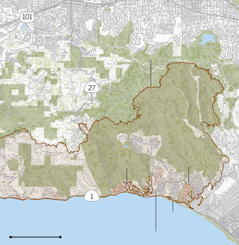 Map of the Palisades fire perimeter and damaged and destroyed buildings