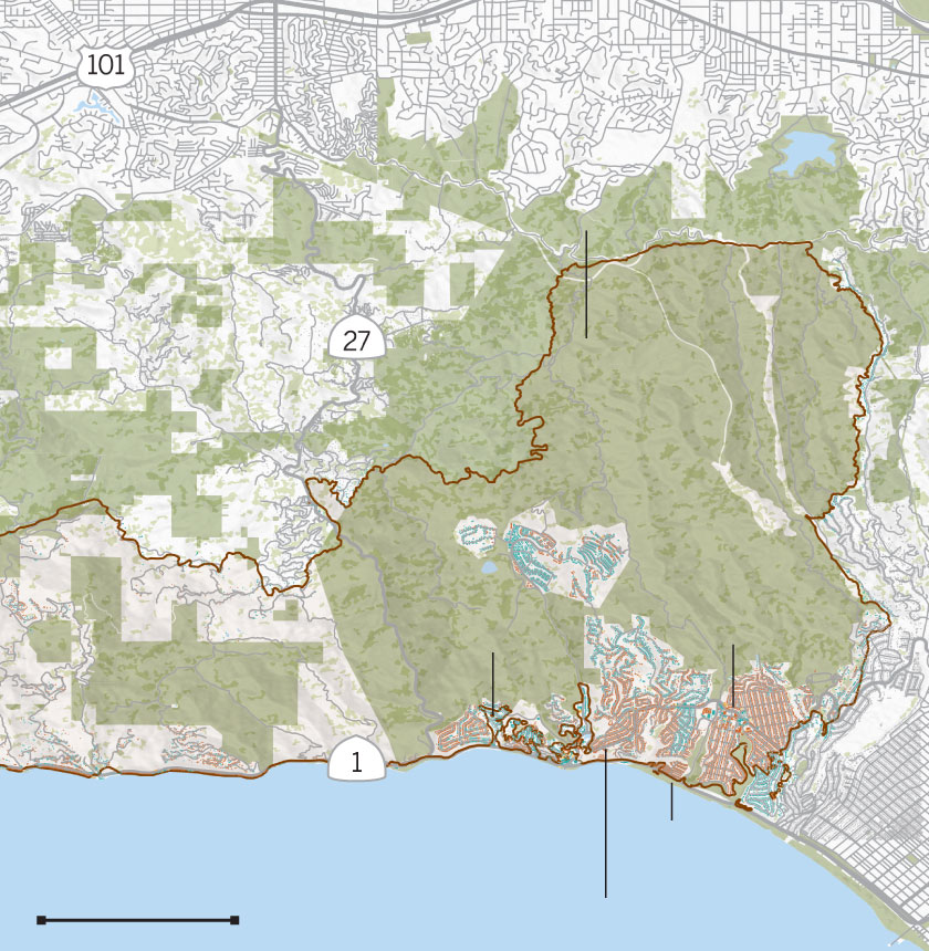 Map of the Palisades fire perimeter and damaged and destroyed buildings