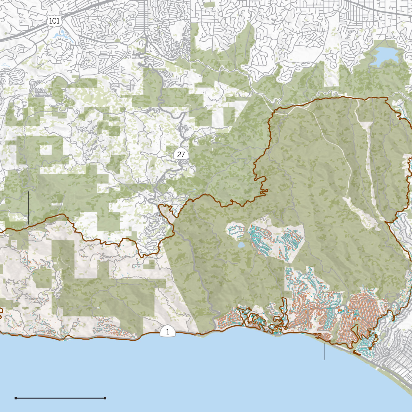 Map of the Palisades fire perimeter and damaged and destroyed buildings