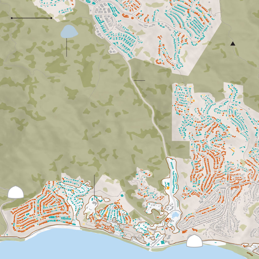 Map of Skull Rock, near Palisades Drive, and damaged buildings near the Getty Villa in the Castellammare neighborhood.