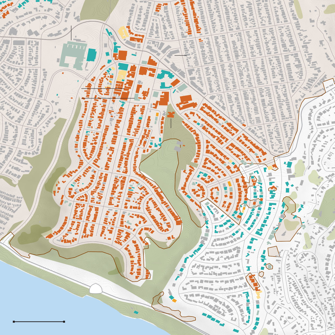 Map of damaged and destroyed buildings near the Palisades Village, including the YMCA, Palisades Charter Elementary School and the library.