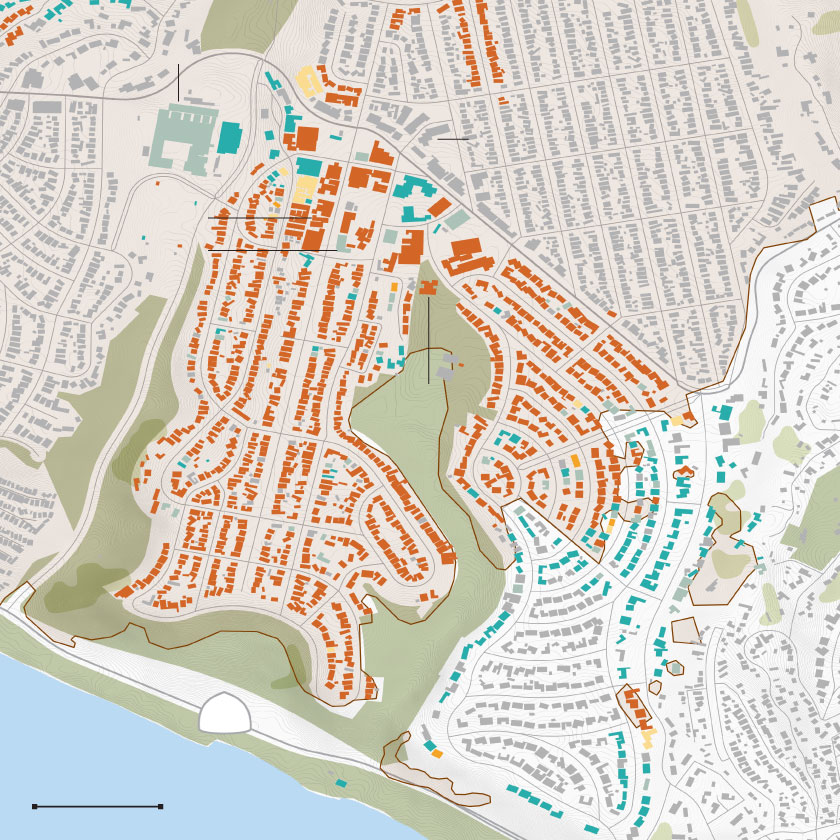 Map of damaged and destroyed buildings near the Palisades Village, including the YMCA, Palisades Charter Elementary School and the library.