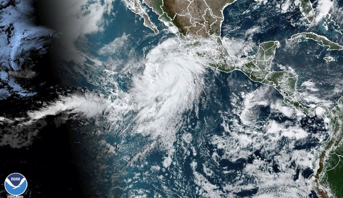 A satellite image taken Thursday morning shows Hurricane Hilary off the Pacific coast of Mexico.