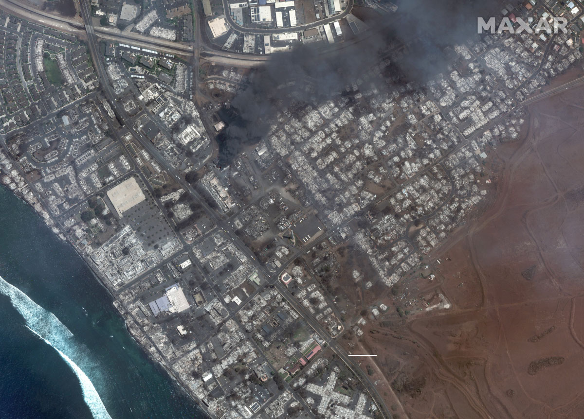 Satellite imagery shows the destruction of central Lehaina.