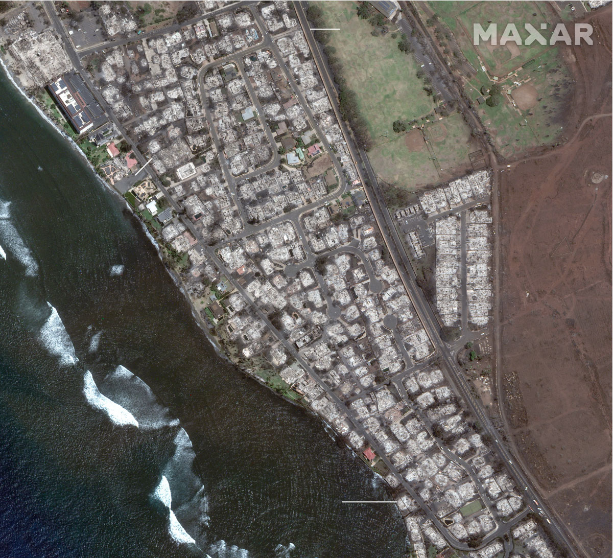 Satellite imagery shows the southern area of Lahaina on June 25 and on August 9. The two photos, side-by-side, show the burned areas, including the William K. Kaluani House and the Lucy Kaiewe Searle House.