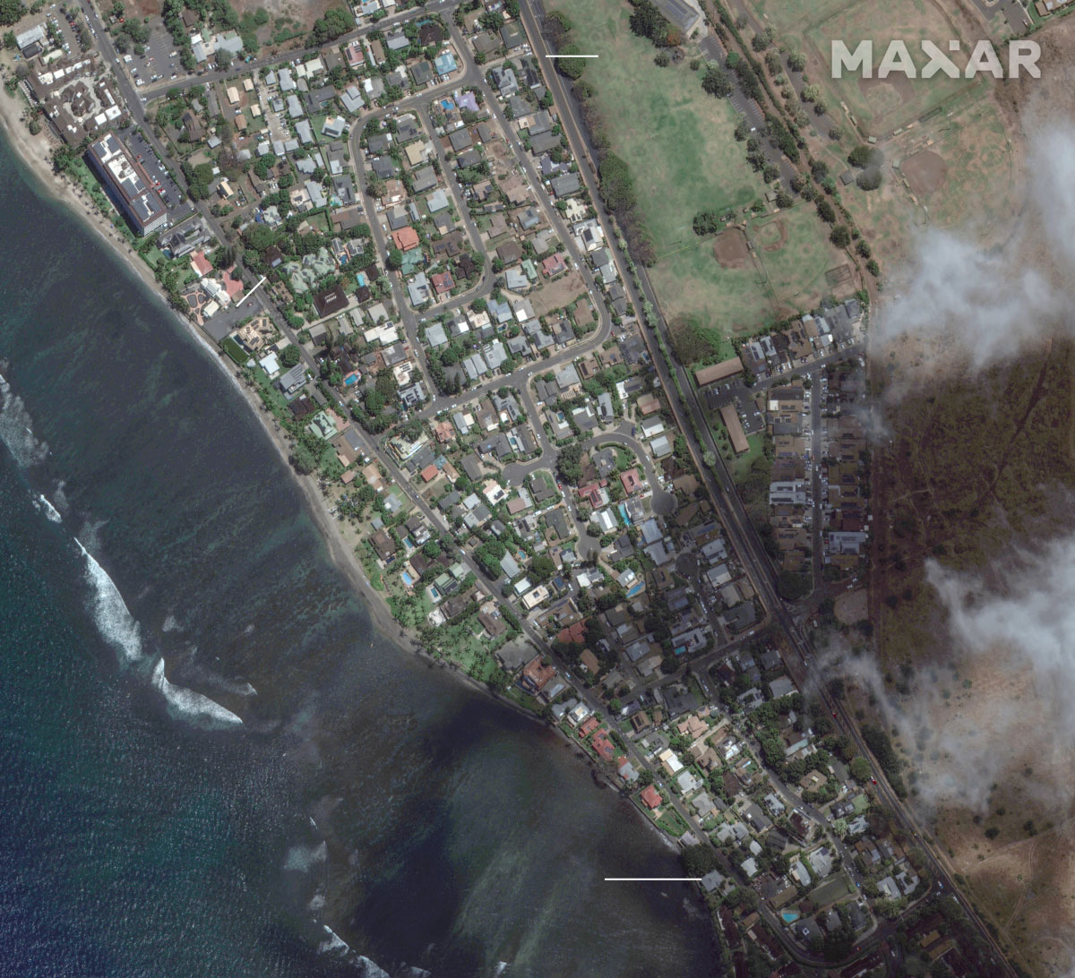 An annotated satellite image from June 25 shows the southern area of Lahaina before the fire.