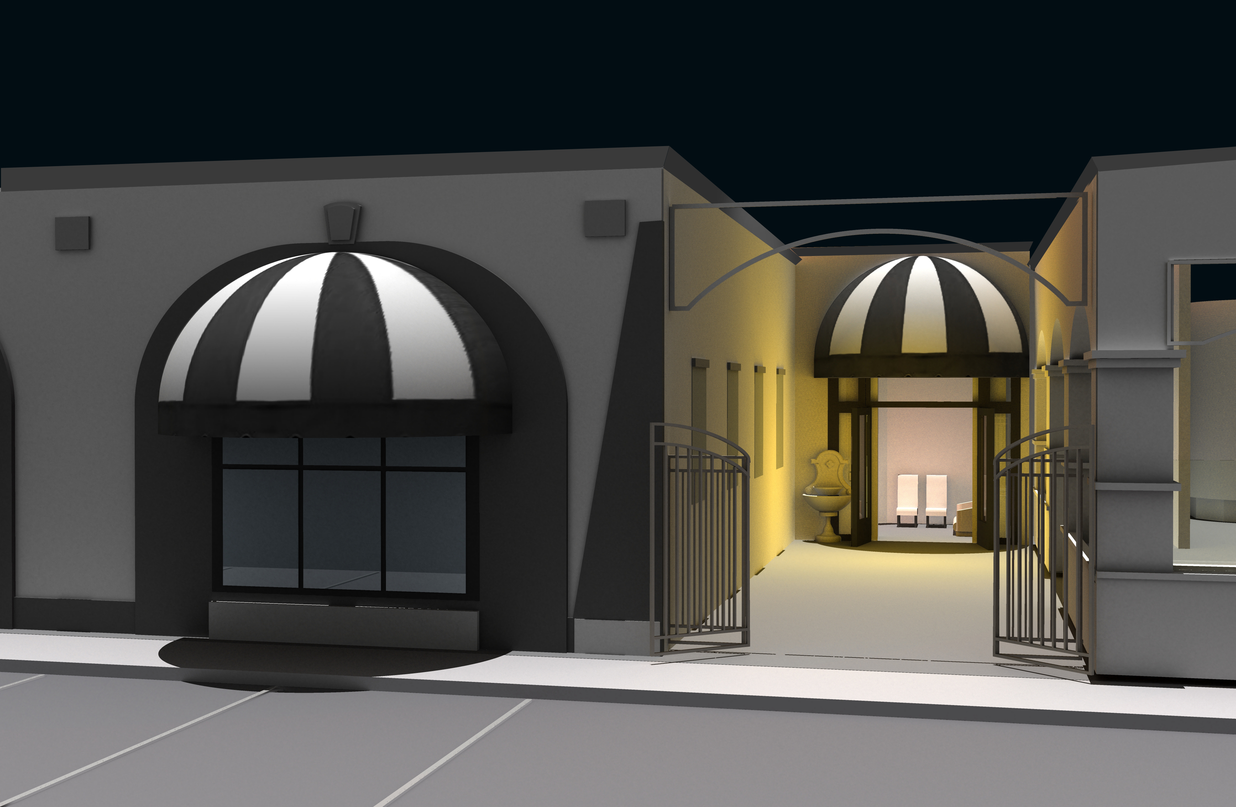 A 3-D rendering of the entrance of Star Dance Studio Ballroom, underneath a striped awning. The doors to the entrance are open and two chairs can be seen inside.
