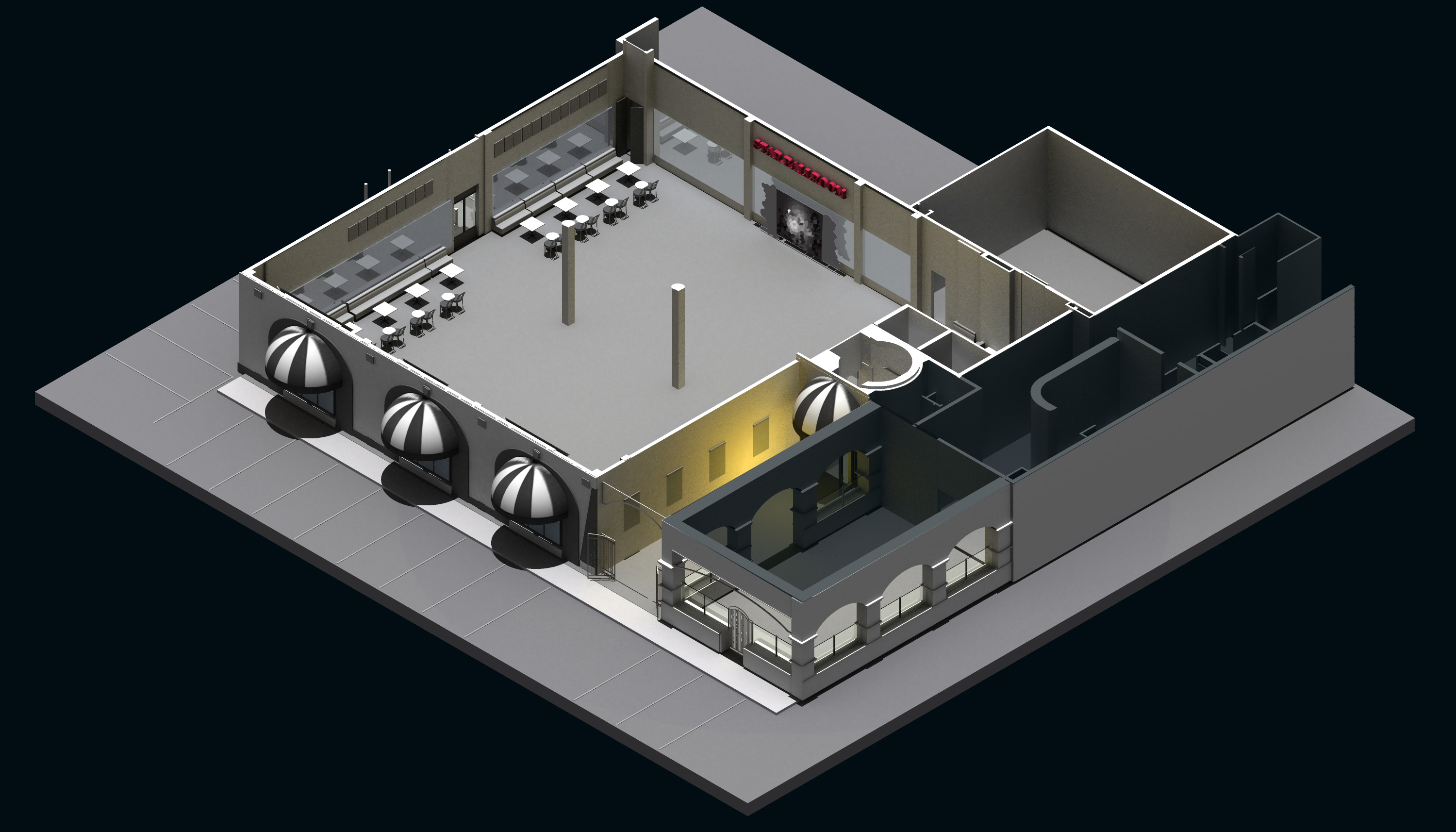 A 3-D rendering of Star's exterior walls. The ballroom is connected to a noodle restaurant, separated by a small courtyard.
