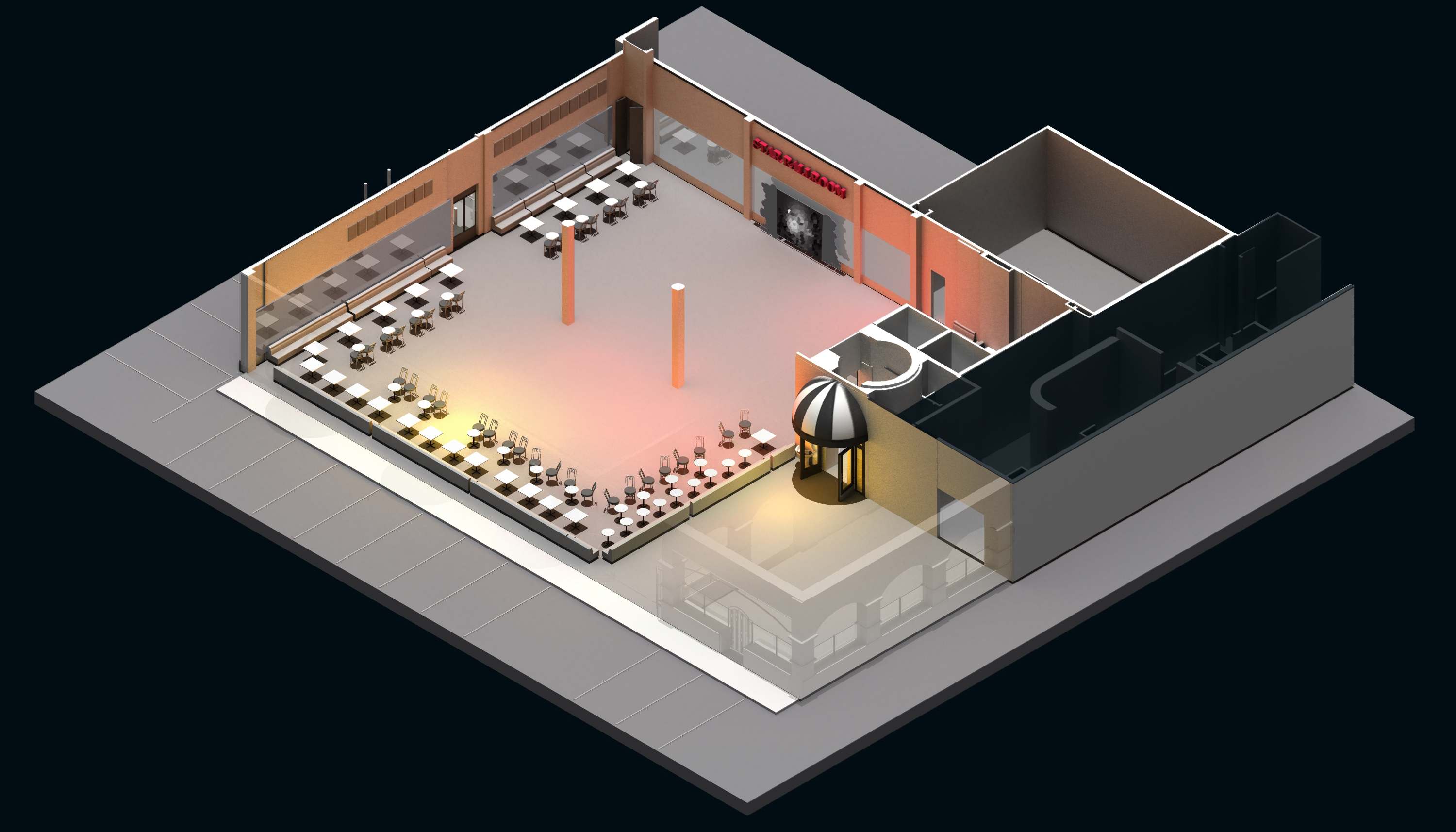 An interior rendering of the ballroom shows table and chairs and a photo backdrop set up for the Lunar New Year festival.
