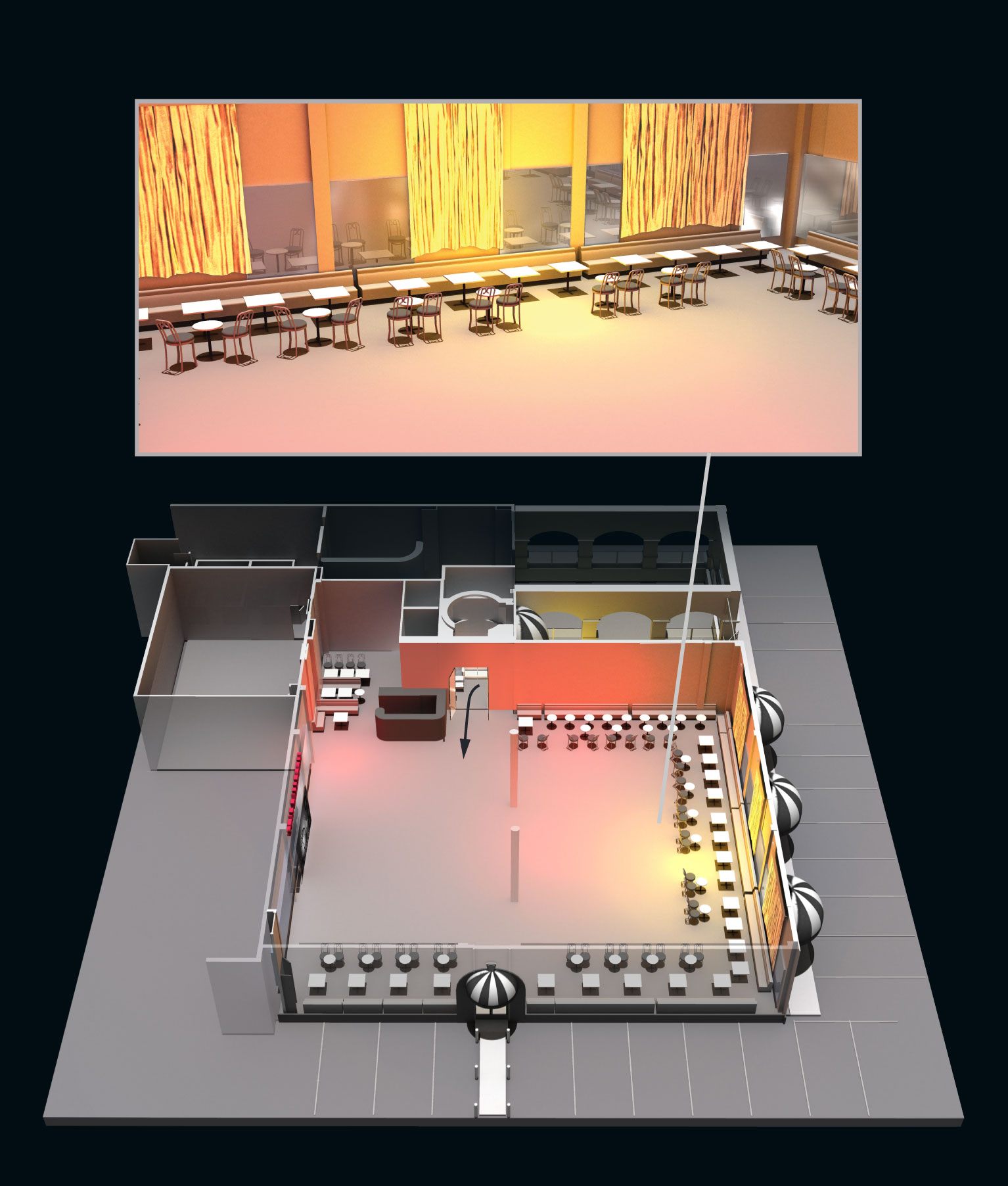 A diagram showing the layout of Star Ballroom and where the gunman entered the room. Shally sat nearthe south wall. When the gunman began shooting, some people fled out of the west exit while others hid under tables.