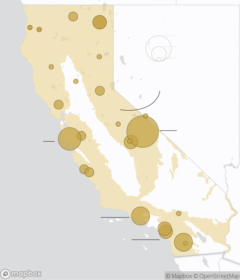 This map shows the 23 study sites across California with circles sized to the number of mountain lions in each.