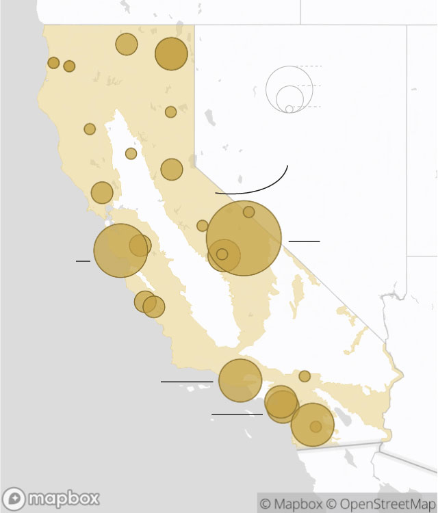 This map shows the 23 study sites across California with circles sized to the number of mountain lions in each.