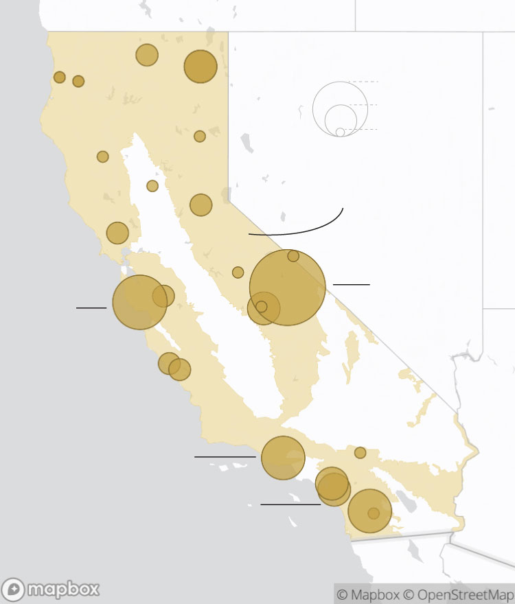 This map shows the 23 study sites across California with circles sized to the number of mountain lions in each.