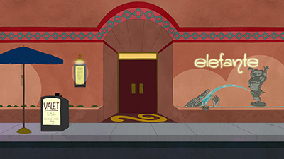 The unusual fountain art outside Elefante. (Netflix)