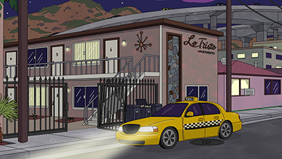Diane's bleak Hollywoo dingbat by the freeway. (Netflix)