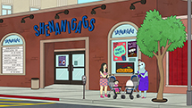 The scene outside Hollywoo's premiere improv theater, Shenanigags. (Netflix)