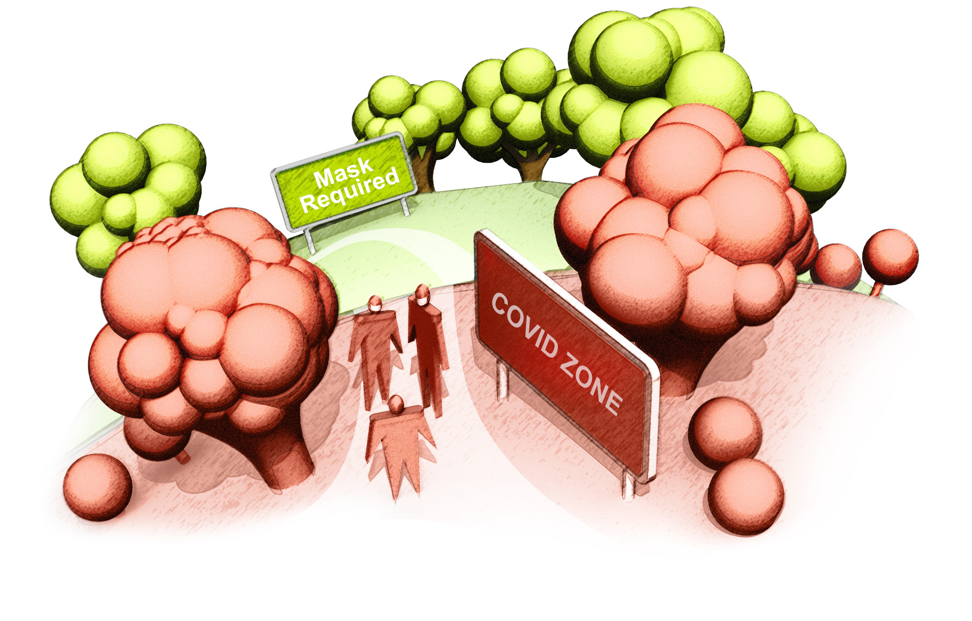 topper illustration shows a winding path from the pandemic to a potential future