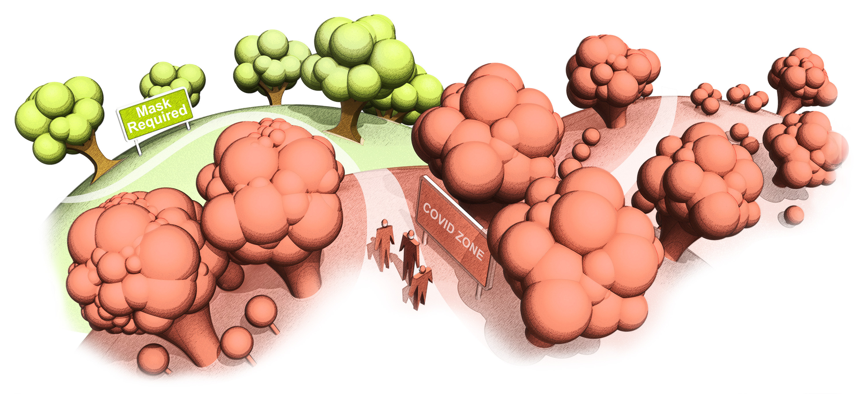 topper illustration shows a winding path from the pandemic to a potential future