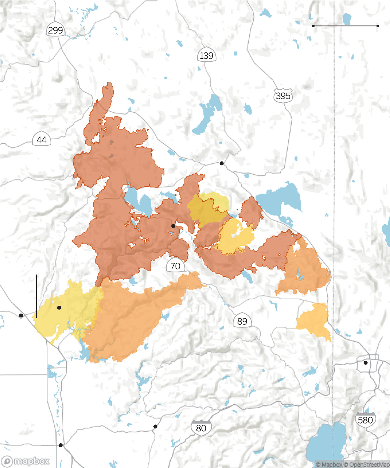 A map shows areas that burned repreatedly by wildfires north of Lake Tahoe.