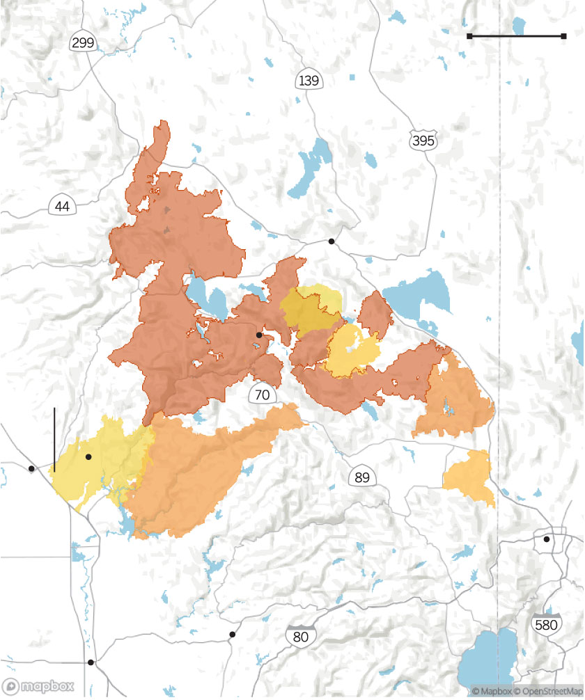 A map shows areas that burned repreatedly by wildfires north of Lake Tahoe.