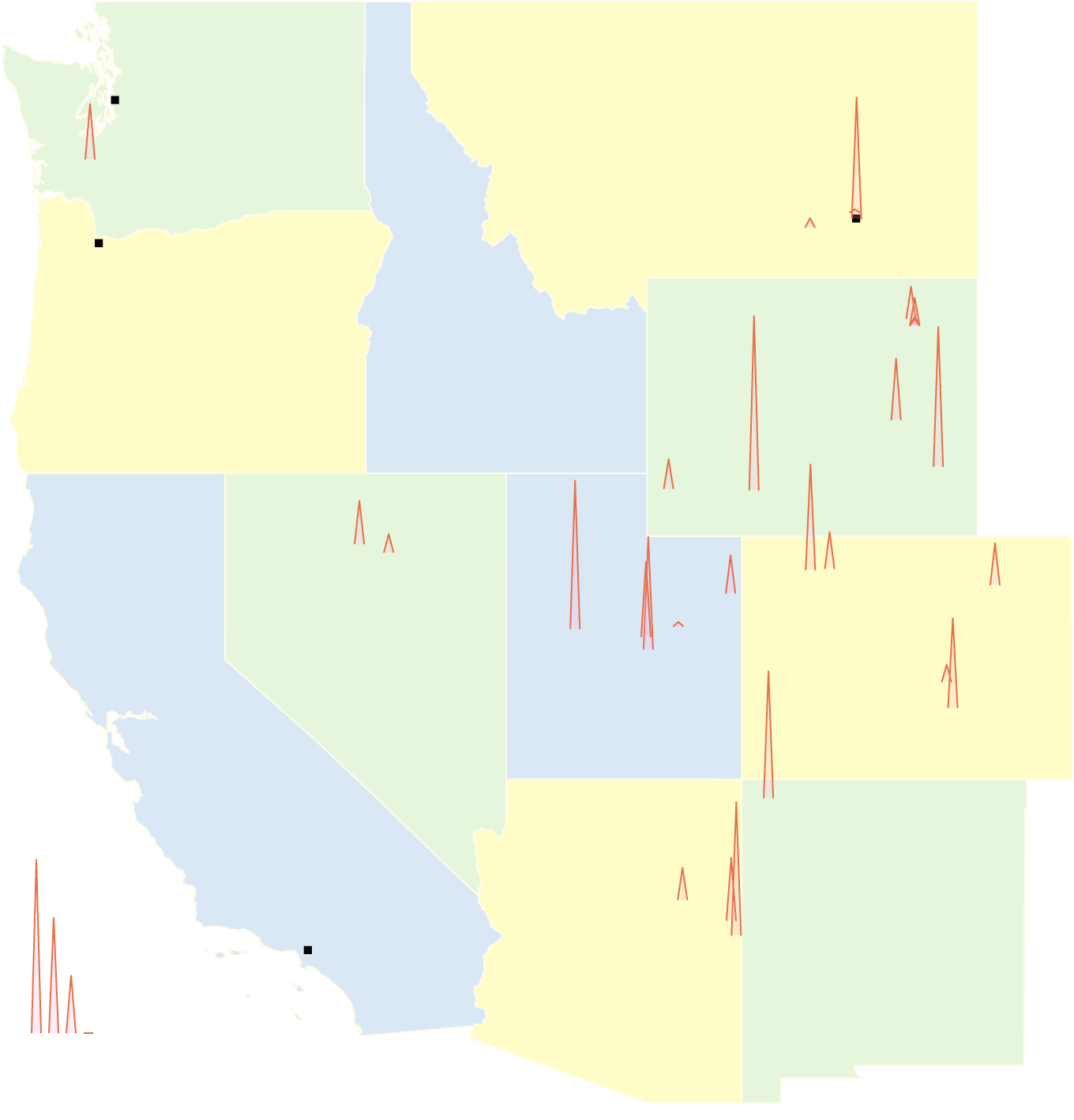 A map of the western United States represents coal power plants as spikes sized by the amount of power they generate. The most larges spikes are in Utah, Wyoming and Montana, including the Colstrip power plant.