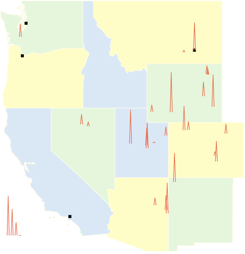A map of the western United States represents coal power plants as spikes sized by the amount of power they generate. The most larges spikes are in Utah, Wyoming and Montana, including the Colstrip power plant.