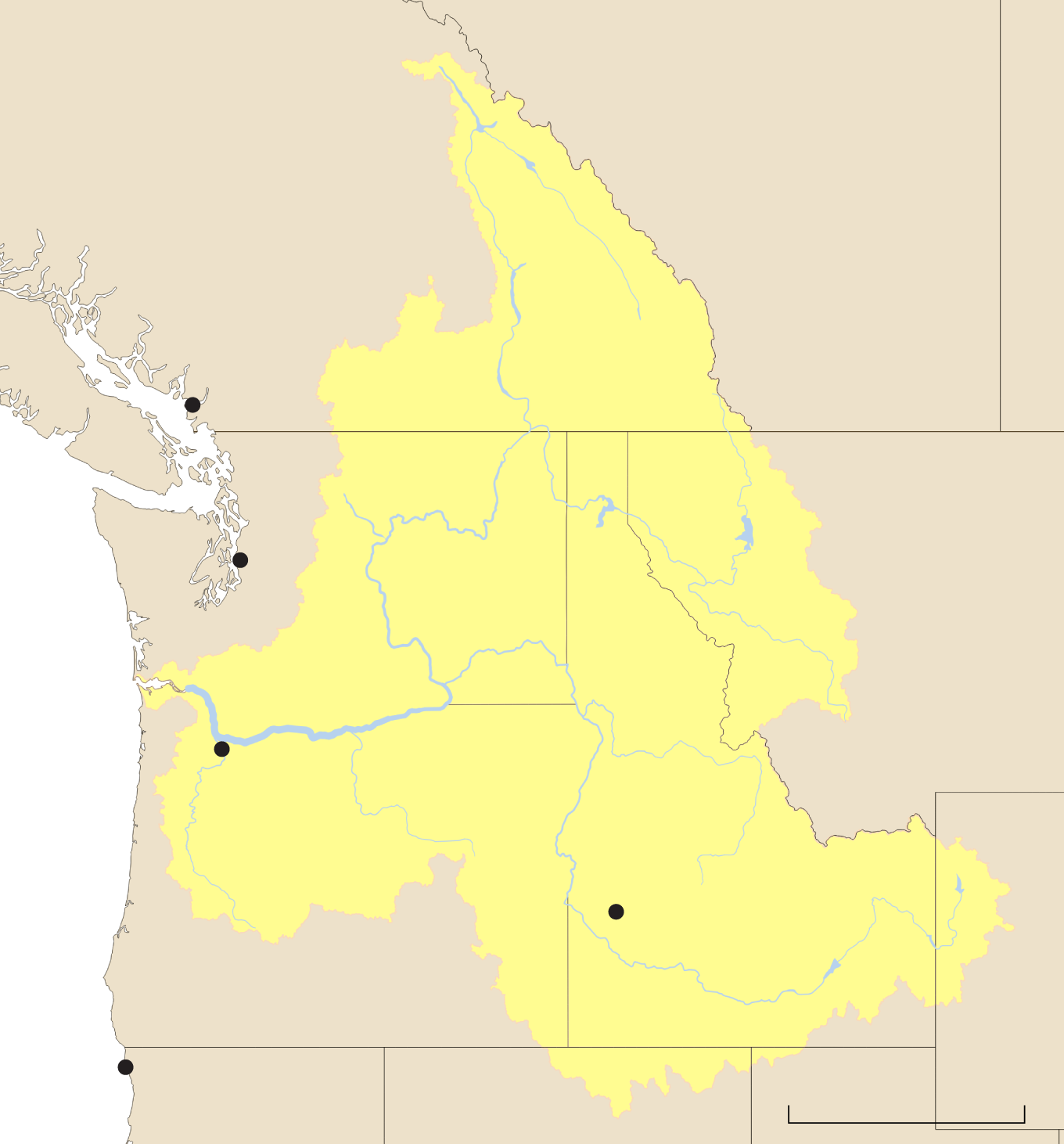 A map  of the Columbia River watershed, which covers much of Washington, Oregon and Idaho and parts of Montana and British Columbia.