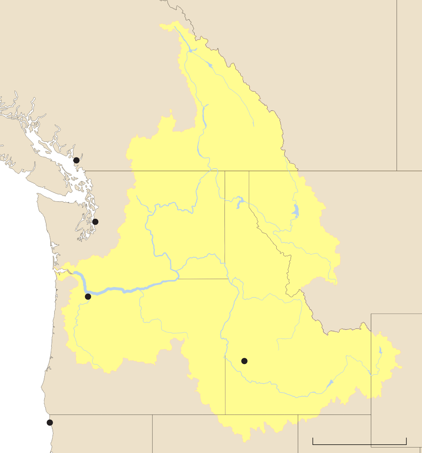 A map of the Columbia River watershed, which covers much of Washington, Oregon and Idaho and parts of Montana and British Columbia.