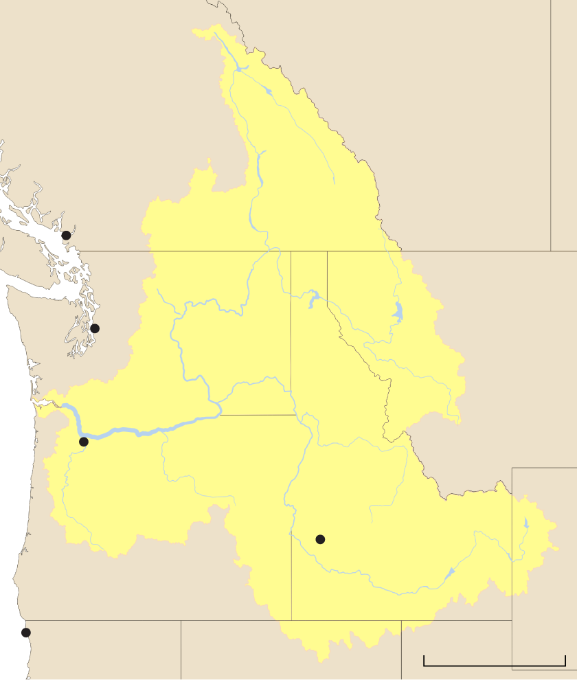 A map  of the Columbia River watershed, which covers much of Washington, Oregon and Idaho and parts of Montana and British Columbia.