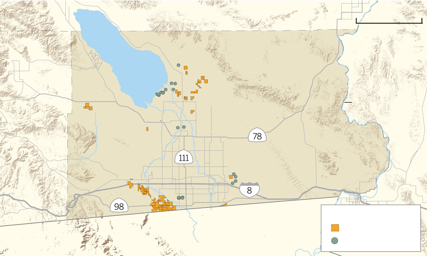A map of Imperial County showing solar and geothermal renewable energy sites in relation to the Salton Sea, Interstate 8 and the borders with Mexico and Arizona.