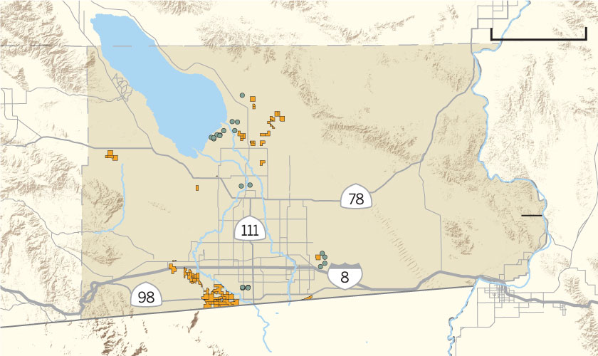 A map of Imperial County showing solar and geothermal renewable energy sites in relation to the Salton Sea, Interstate 8 and the borders with Mexico and Arizona.