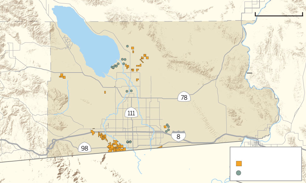 A map of Imperial County showing solar and geothermal renewable energy sites in relation to the Salton Sea, Interstate 8 and the borders with Mexico and Arizona.