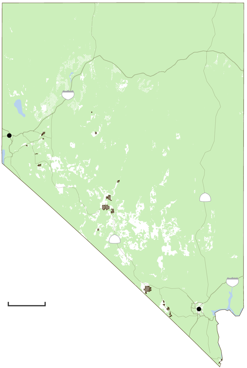 A map of Nevada showing where approved and proposed solar projects are located. The majority of projects are in the southern portion of the state and are clustered along major highways.