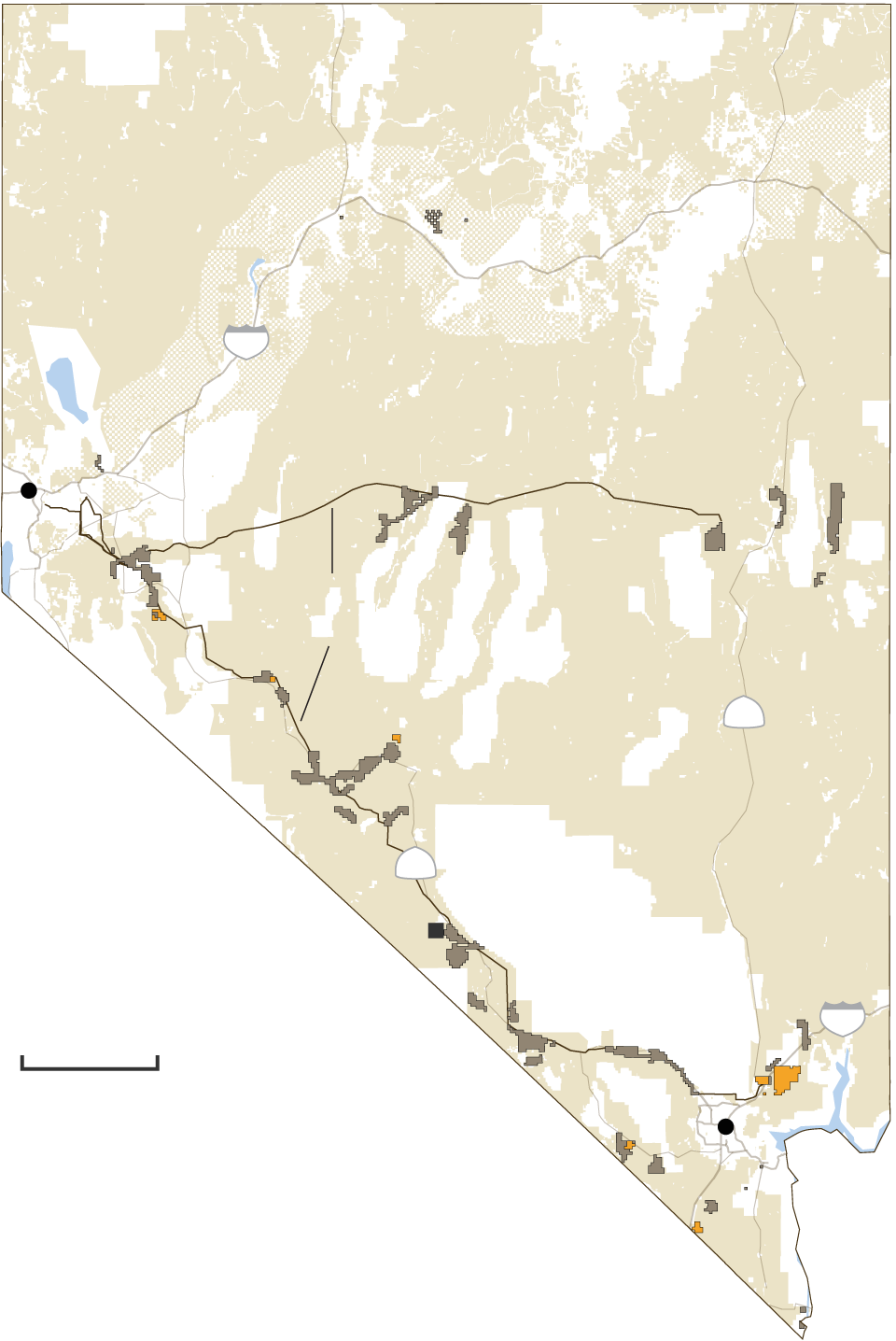 A map of Nevada showing where approved and proposed solar projects are located. The majority of projects are in the southern portion of the state and are clustered along major highways.