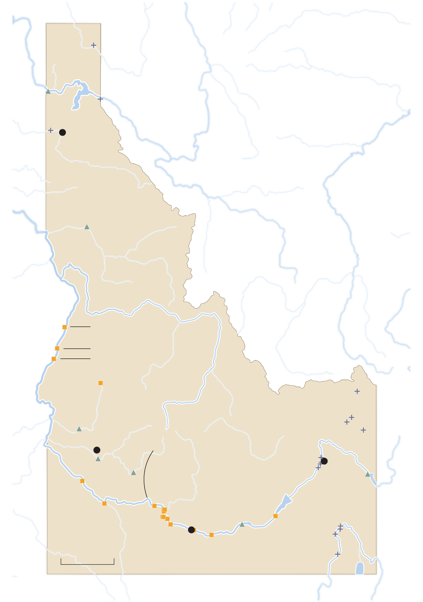 A map of Idaho showing the hydroelectric dams along the Snake River and its tributaries in the southern portion of the state