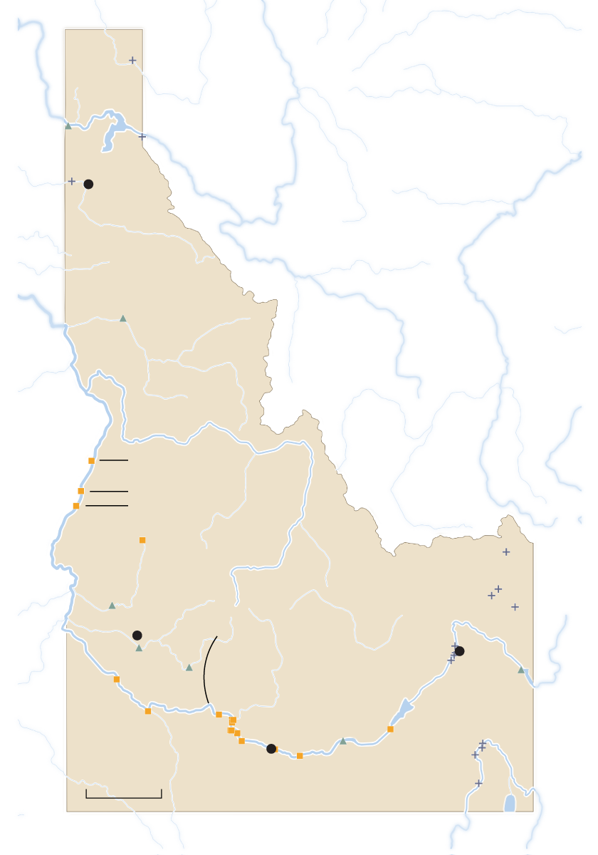 A map  of Idaho showing the hydroelectric dams along the Snake River and its tributaries in the southern portion of the state
