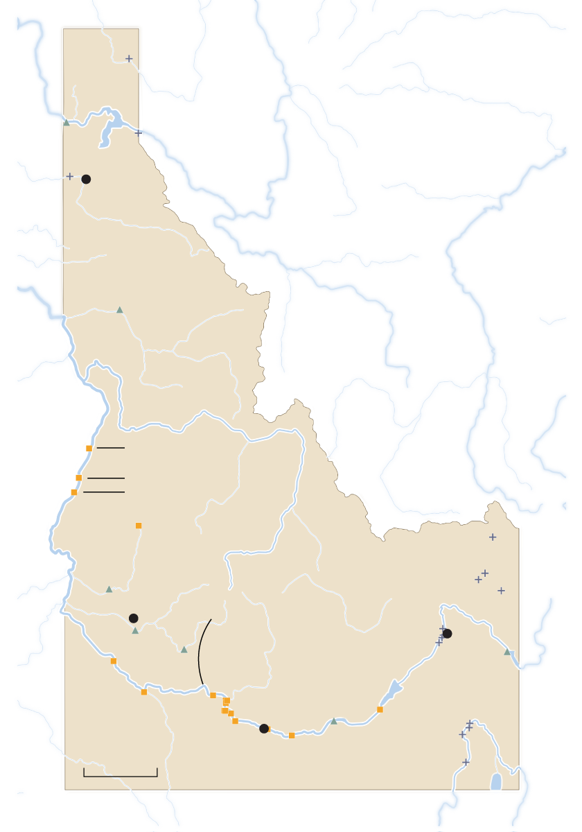 A map of Idaho showing the hydroelectric dams along the Snake River and its tributaries in the southern portion of the state